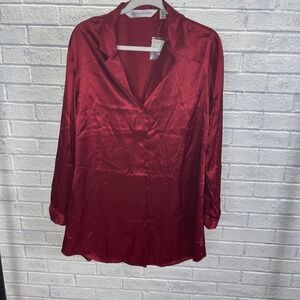 Victorias Secret Red‎ Satin Pajama Button Up Shirt Womens L Old Money Holiday